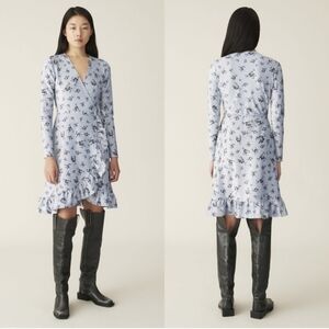 NWOT Ganni Women's Blue Silver Metallic Floral Long Sleeve Wrap Midi Dress 8